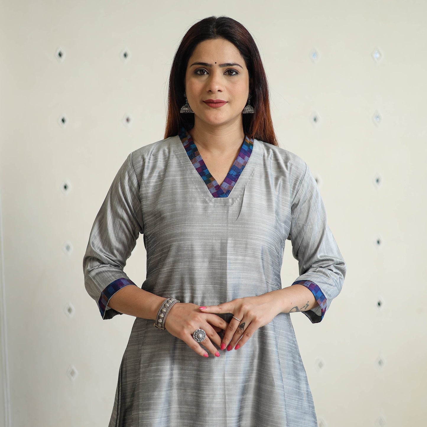 Plain Solid Slub Silk Long A-Line Kurta for Women