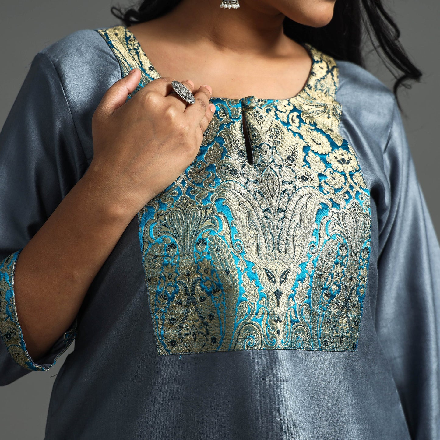 Grey - Plain Tussar Silk Handloom Banarasi Patchwork Straight Kurta