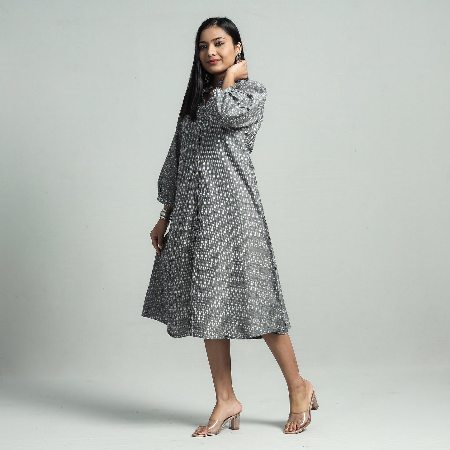 Grey - pochampally double ikat cotton flared dress