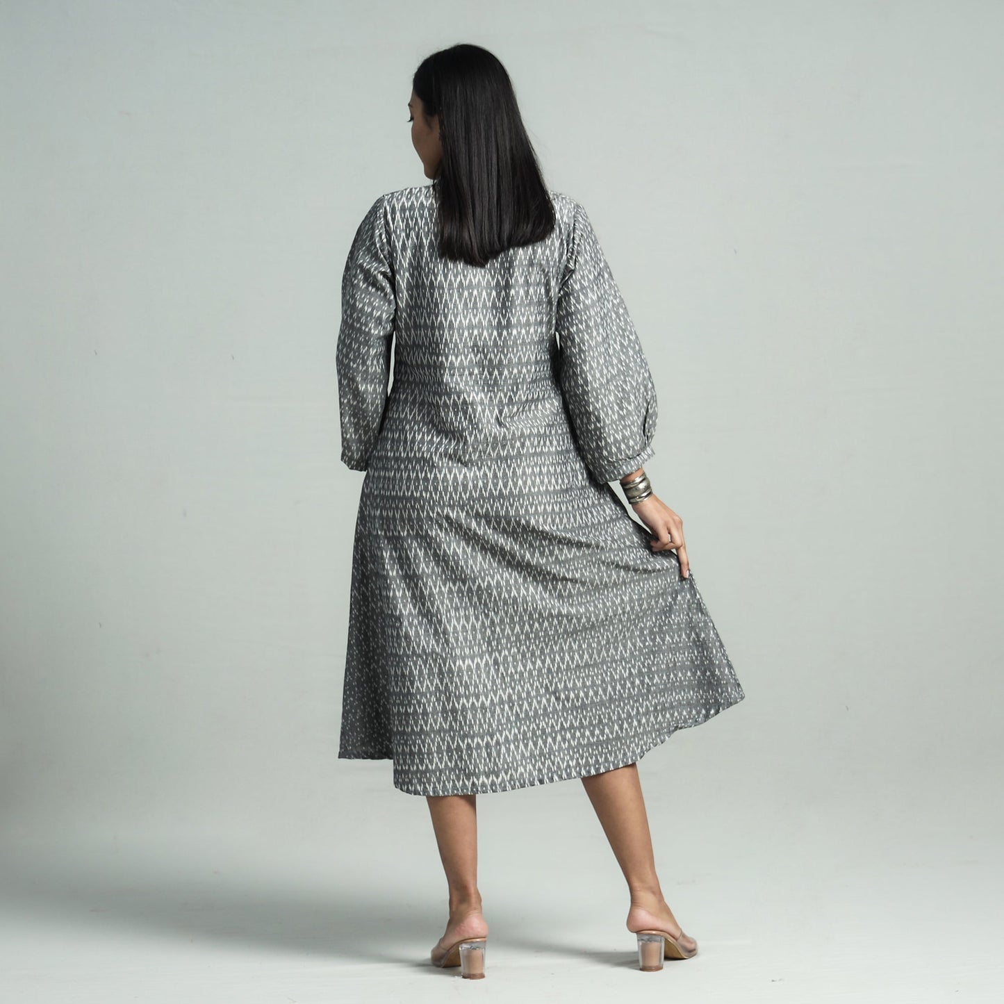 Grey - pochampally double ikat cotton flared dress