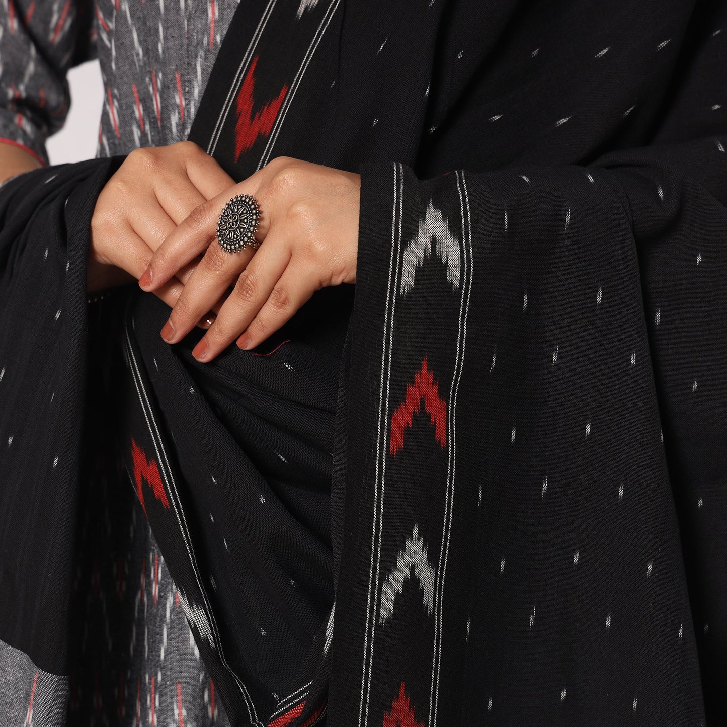 Pochampally Ikat Weave Cotton Kurta with Palazzo & Dupatta Set