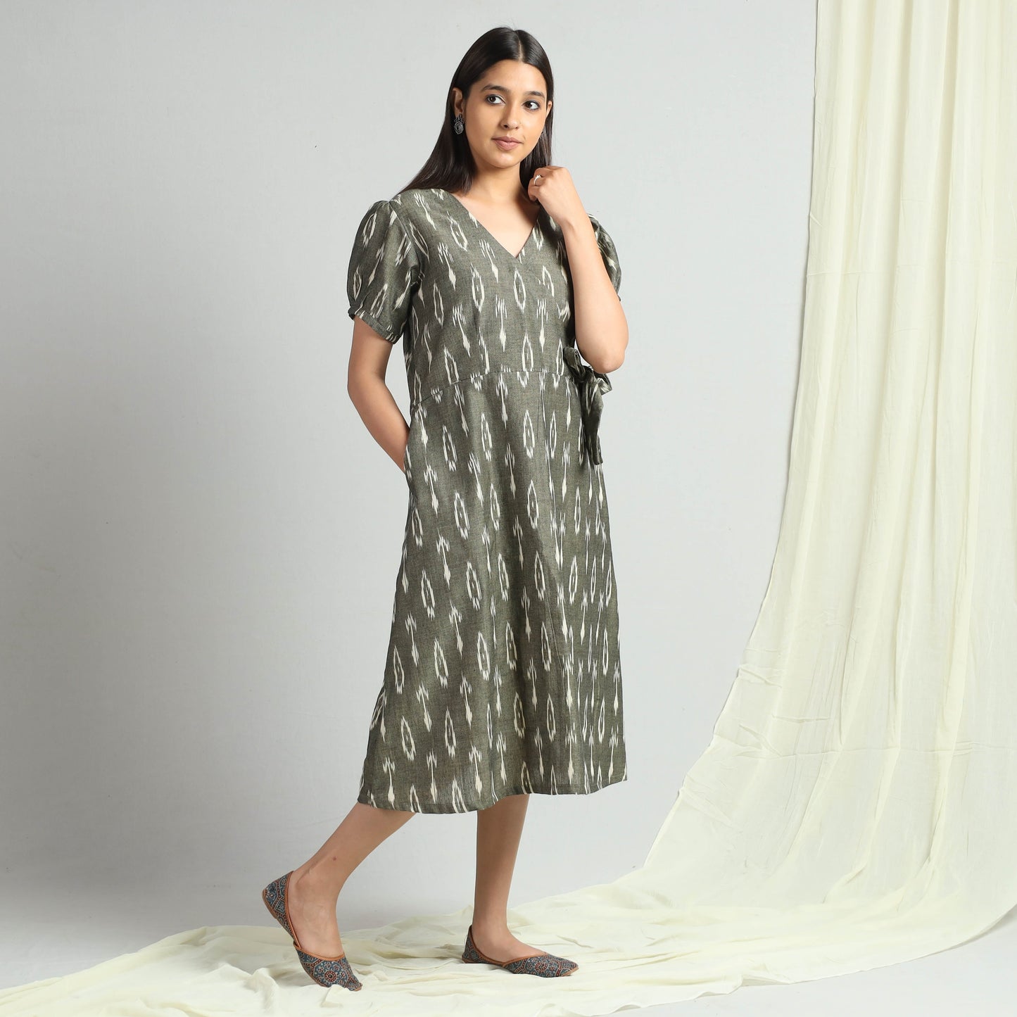 Grey - Pochampally Ikat Weave Cotton Dress