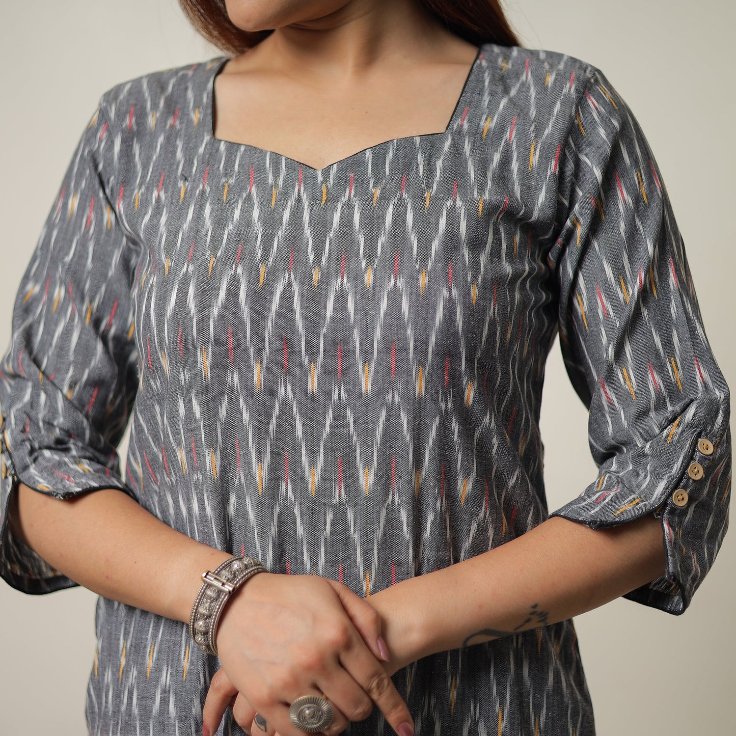 Pochampally Ikat Weave Cotton Kurta with Palazzo & Dupatta Set 01