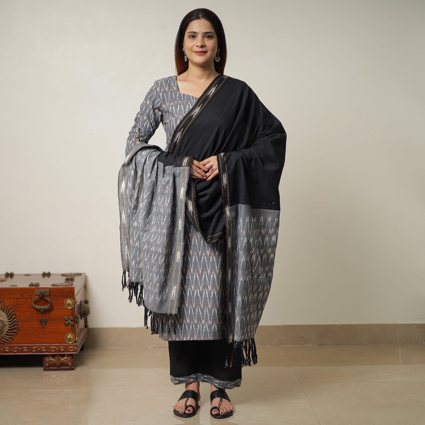 Pochampally Ikat Weave Cotton Kurta with Palazzo & Dupatta Set 01