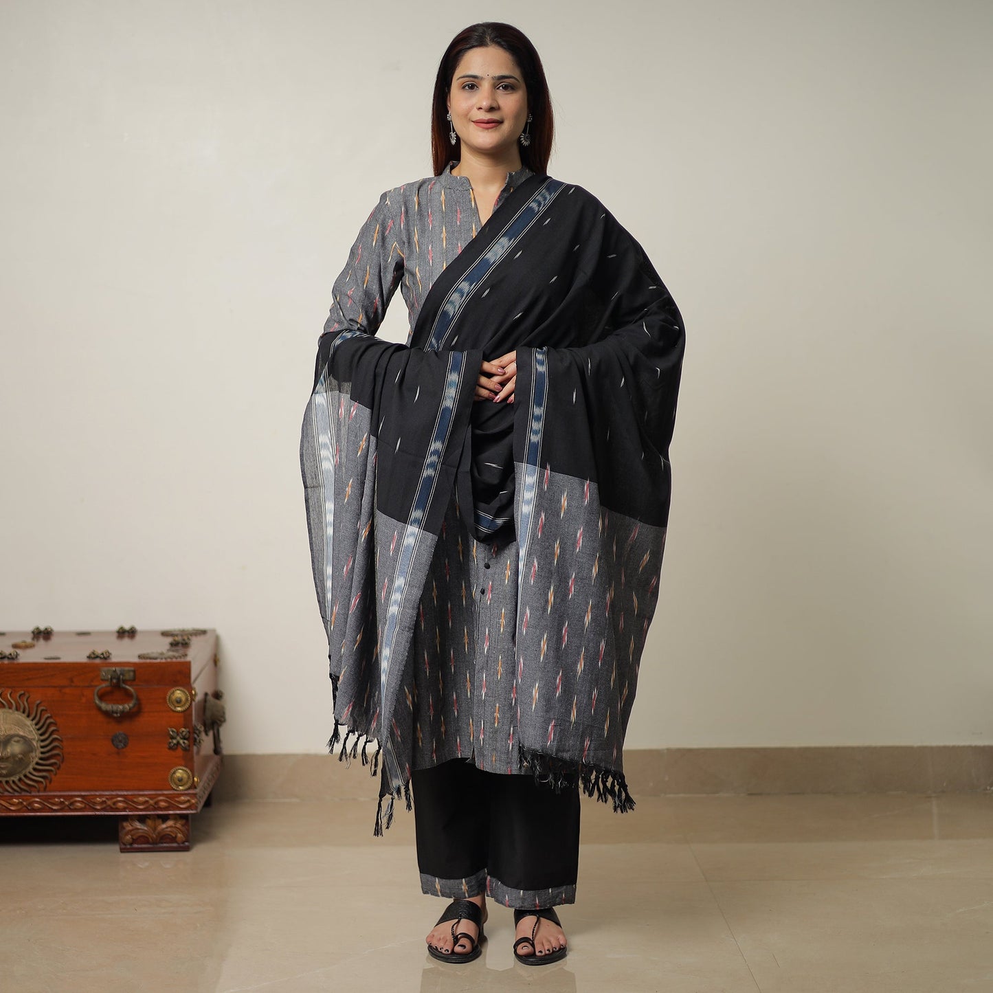Pochampally Ikat Weave Cotton Kurta with Palazzo & Dupatta Set 01