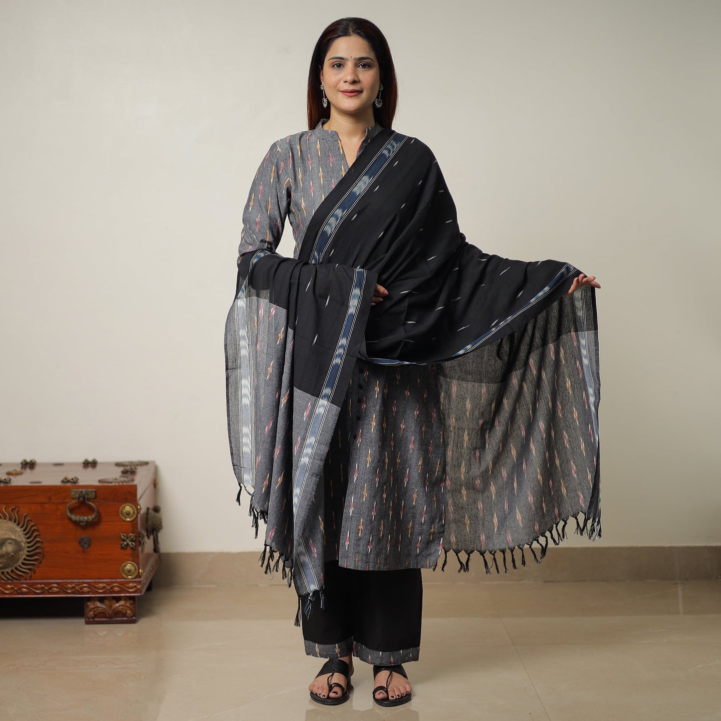 Pochampally Ikat Weave Cotton Kurta with Palazzo & Dupatta Set 01