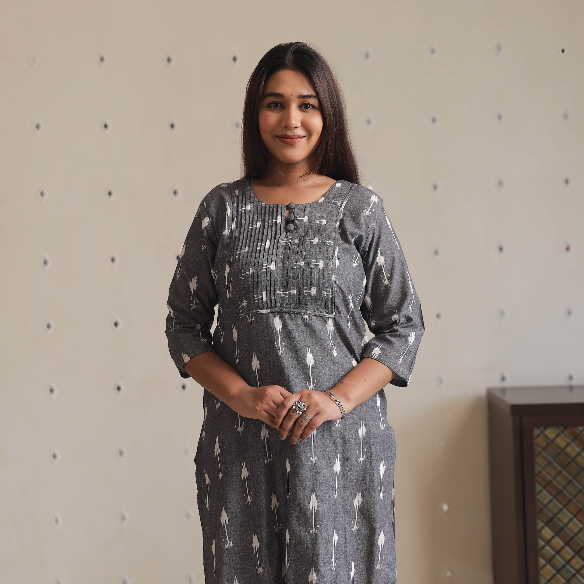 Grey - Pochampally Ikat Weave Cotton Straight Long Kurta 02