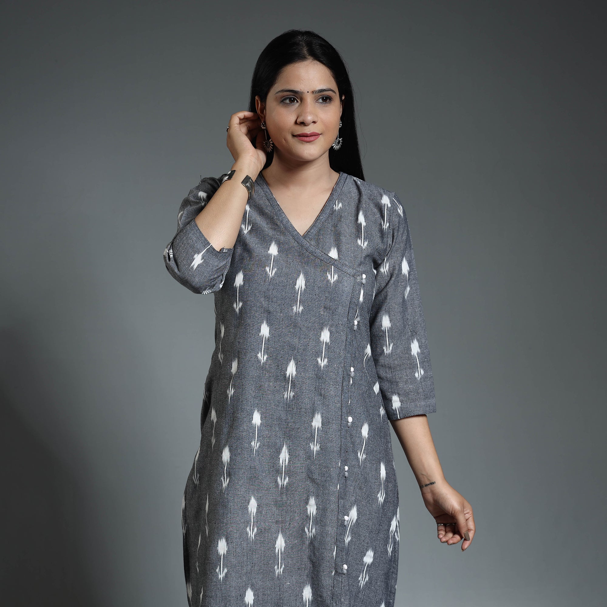 Grey - Pochampally Ikat Weave Cotton Long Straight Kurta