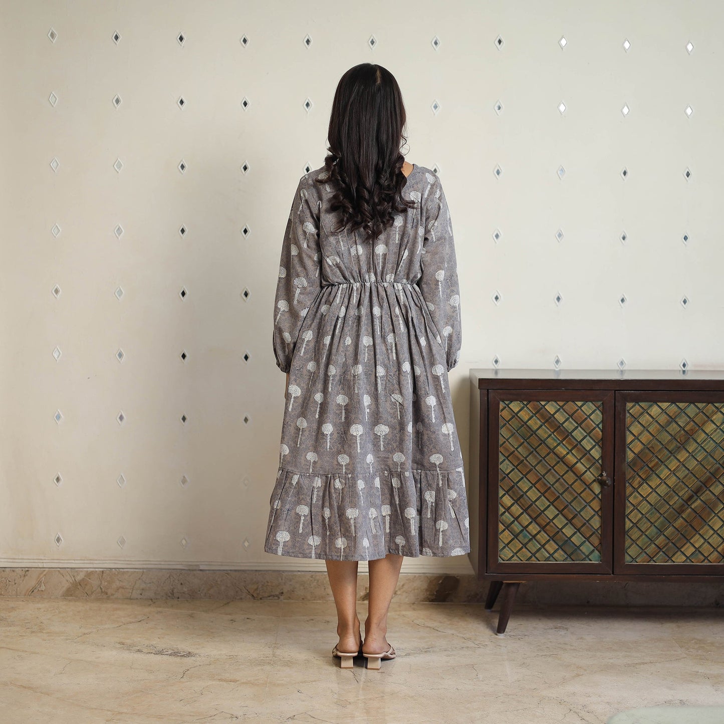 Buy Grey Block Printed Cotton Fit & Flare Bagru Dress