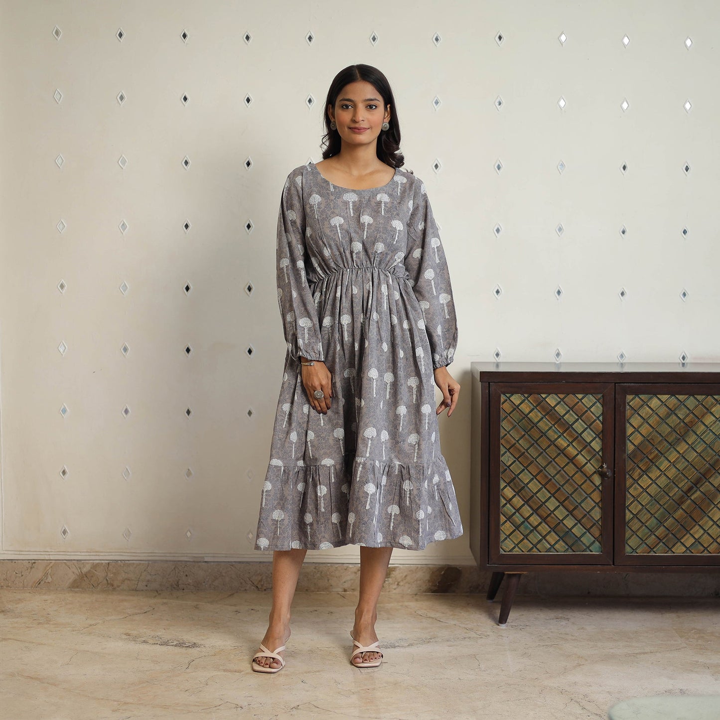 Buy Grey Block Printed Cotton Fit & Flare Bagru Dress
