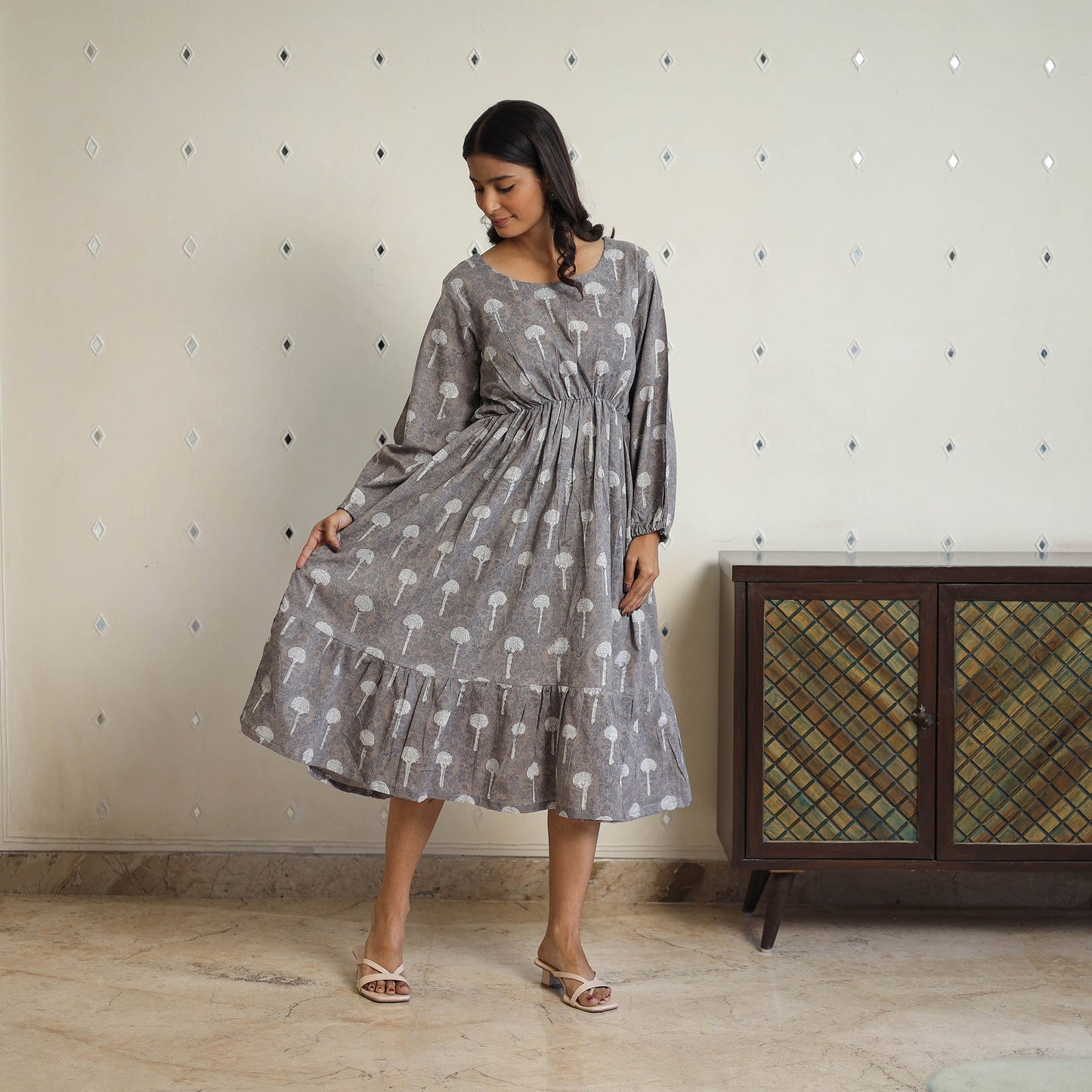 Buy Grey Block Printed Cotton Fit & Flare Bagru Dress