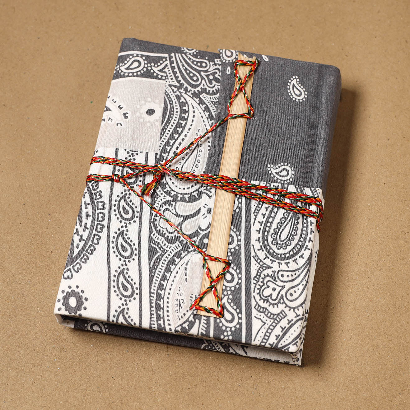 Printed fabric cover handmade paper notebook with thread