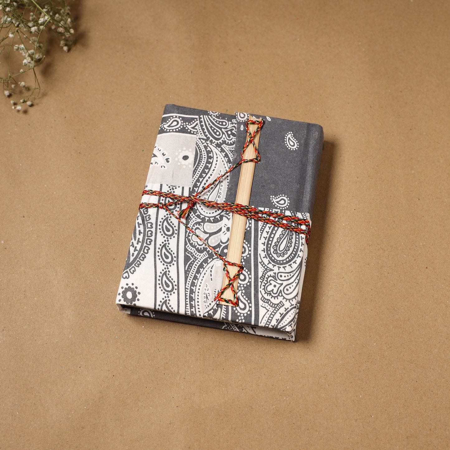 Printed fabric cover handmade paper notebook with thread