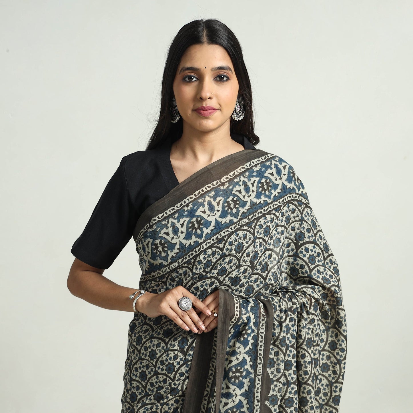 Grey Block Printed Mul Cotton Ajrakh Saree