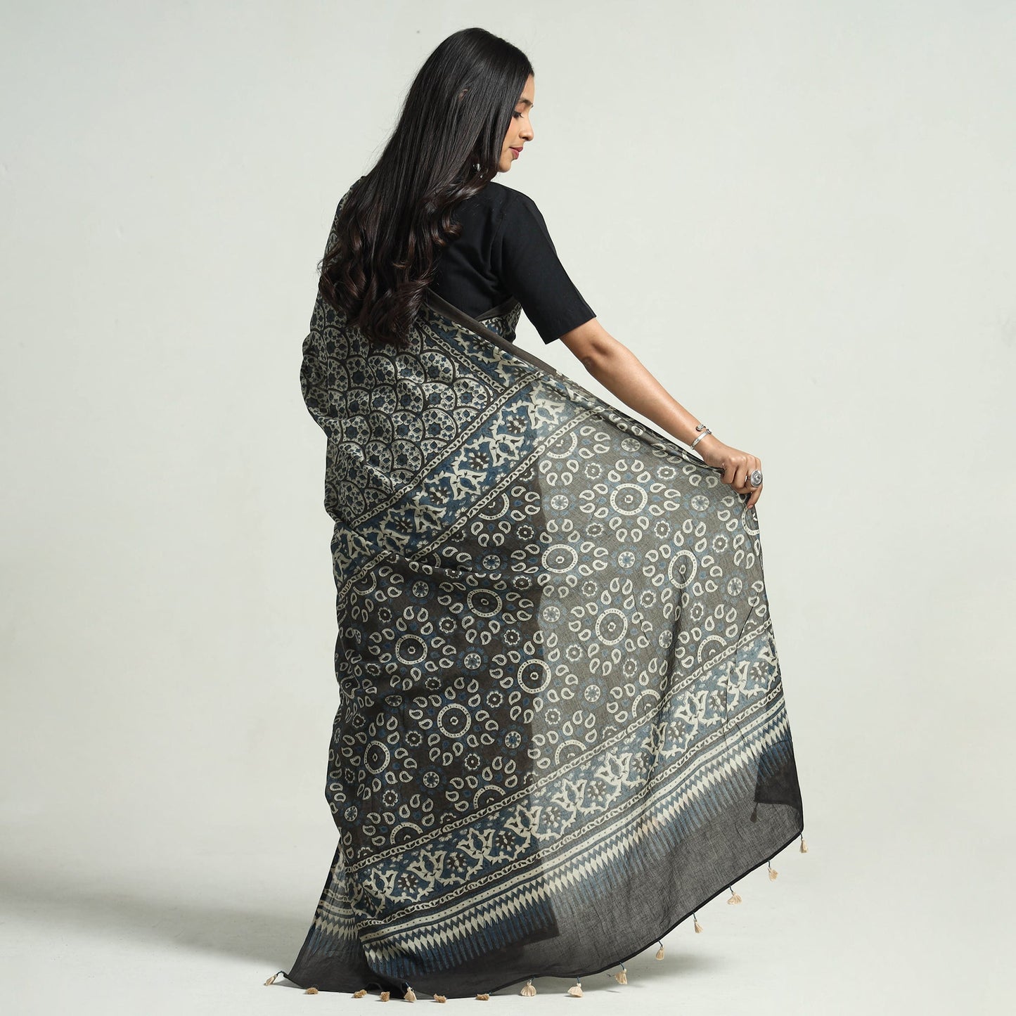 Grey Block Printed Mul Cotton Ajrakh Saree