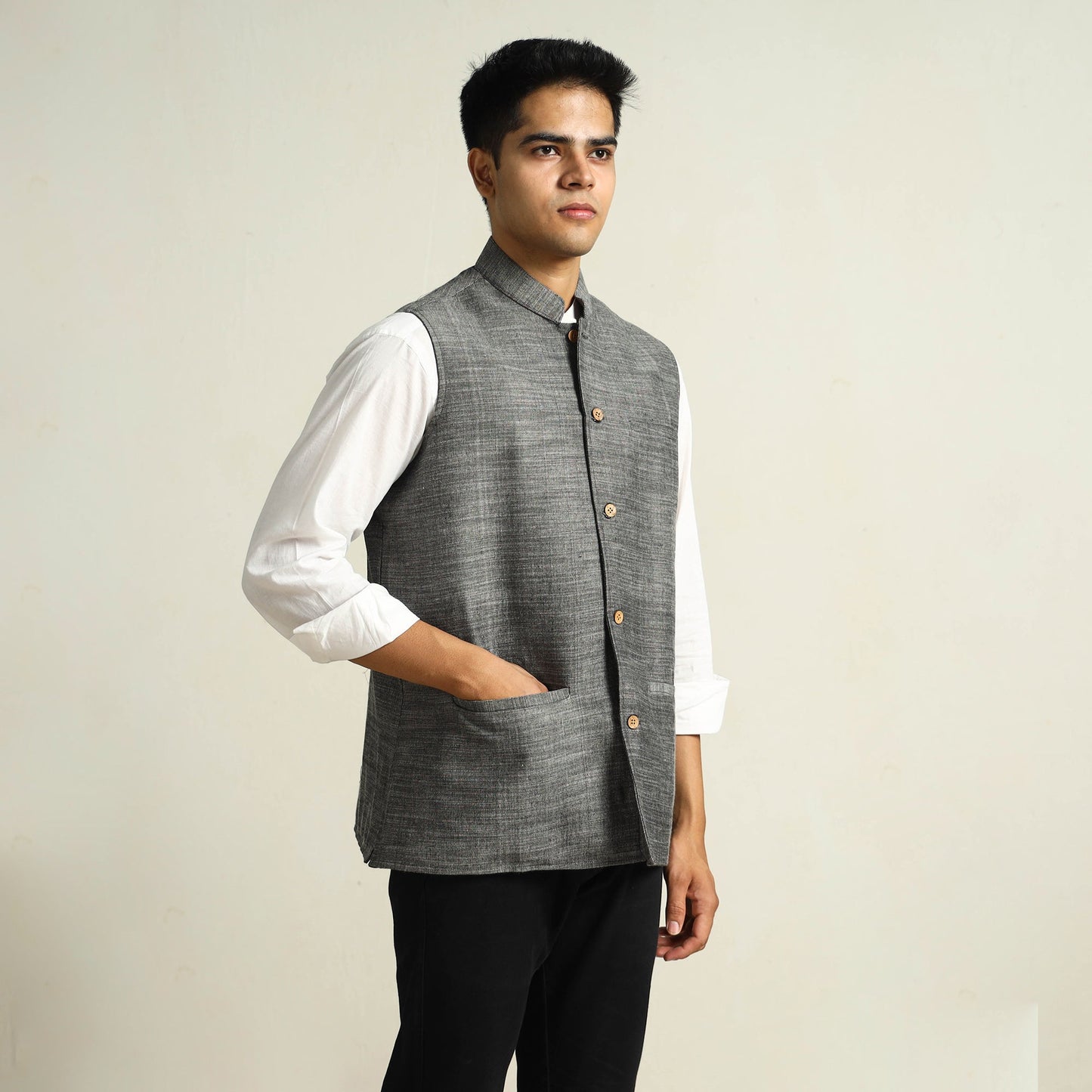 Grey - pure cotton handloom men nehru jacket 03