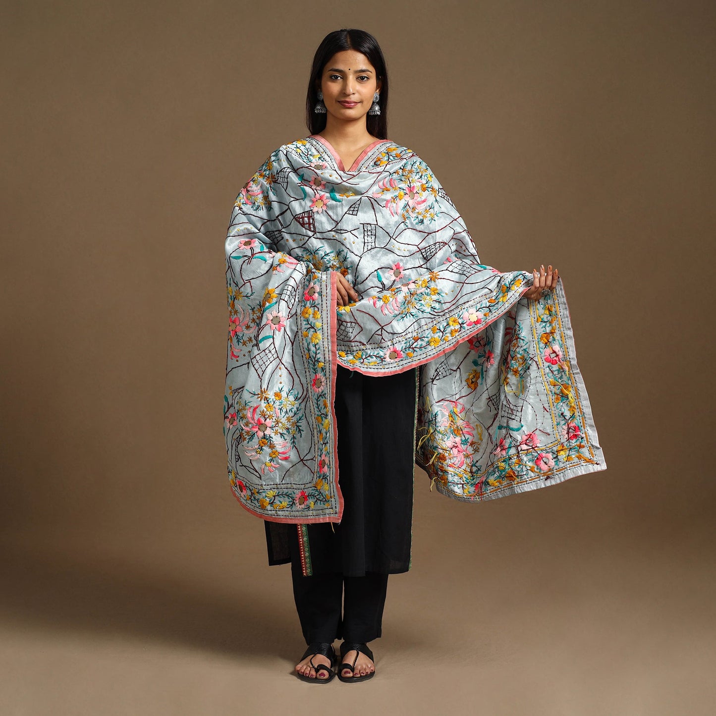 Grey Ranihati Chanderi Silk Hand Embroidery Dupatta