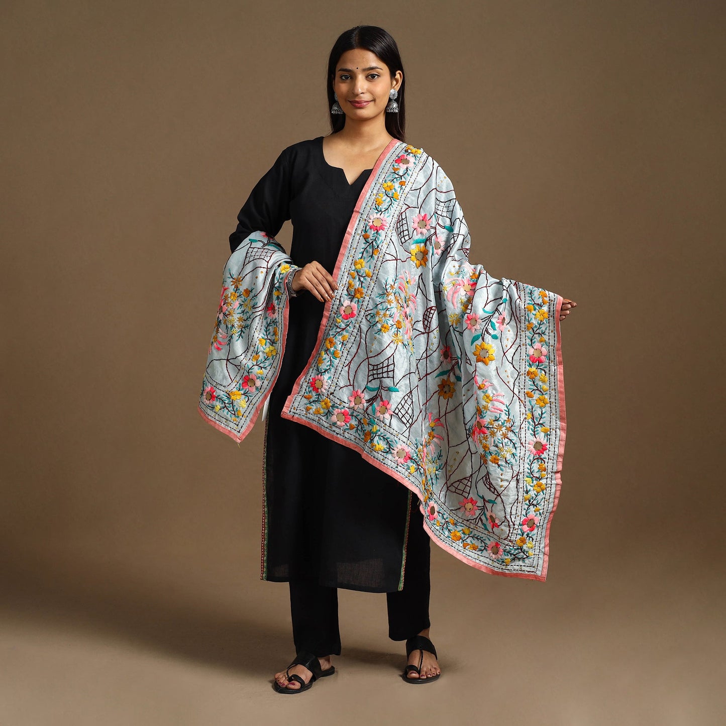 Grey Ranihati Chanderi Silk Hand Embroidery Dupatta