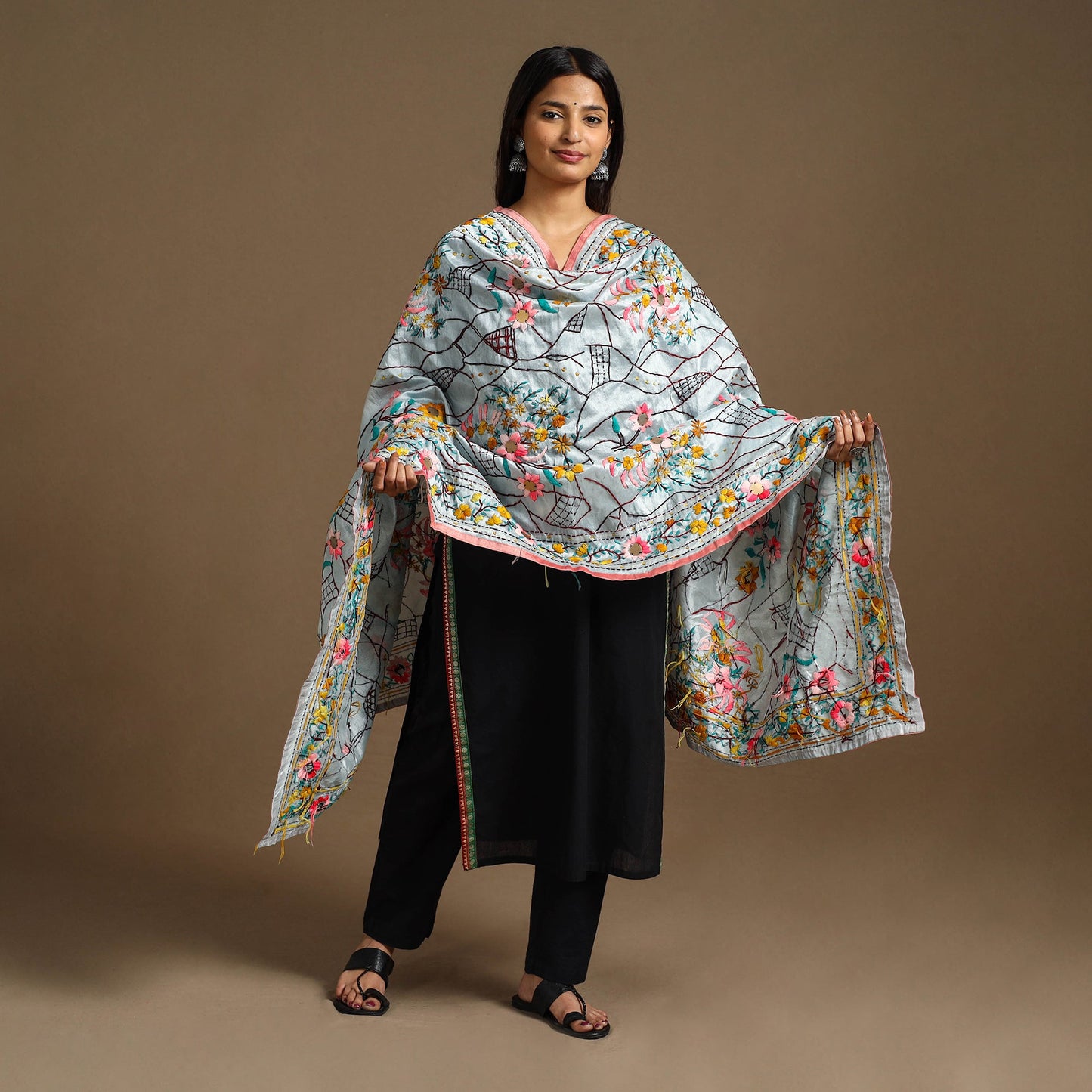 Grey Ranihati Chanderi Silk Hand Embroidery Dupatta