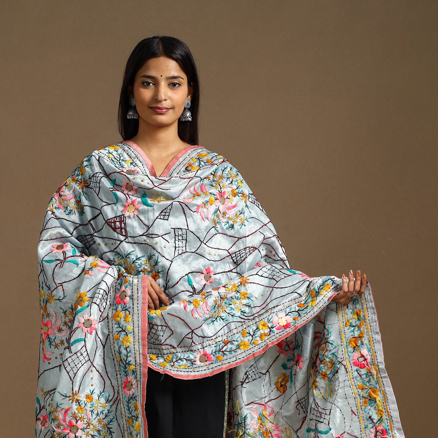 Grey Ranihati Chanderi Silk Hand Embroidery Dupatta