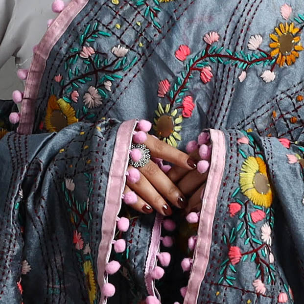 Grey Ranihati Hand Embroidery Chanderi Silk Dupatta