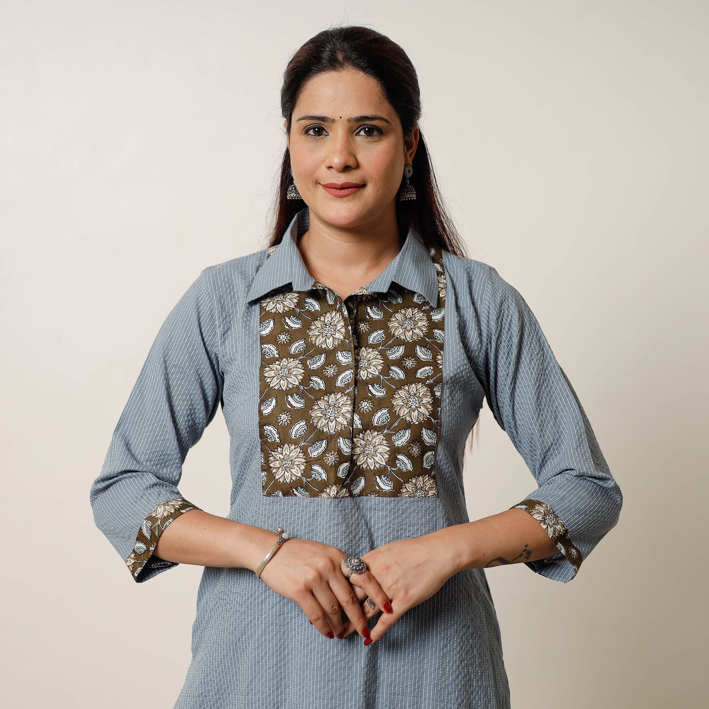 Running Stitch Cotton Straight Kurta with Sanganeri Patchwork 03 Online at iTokri.com
