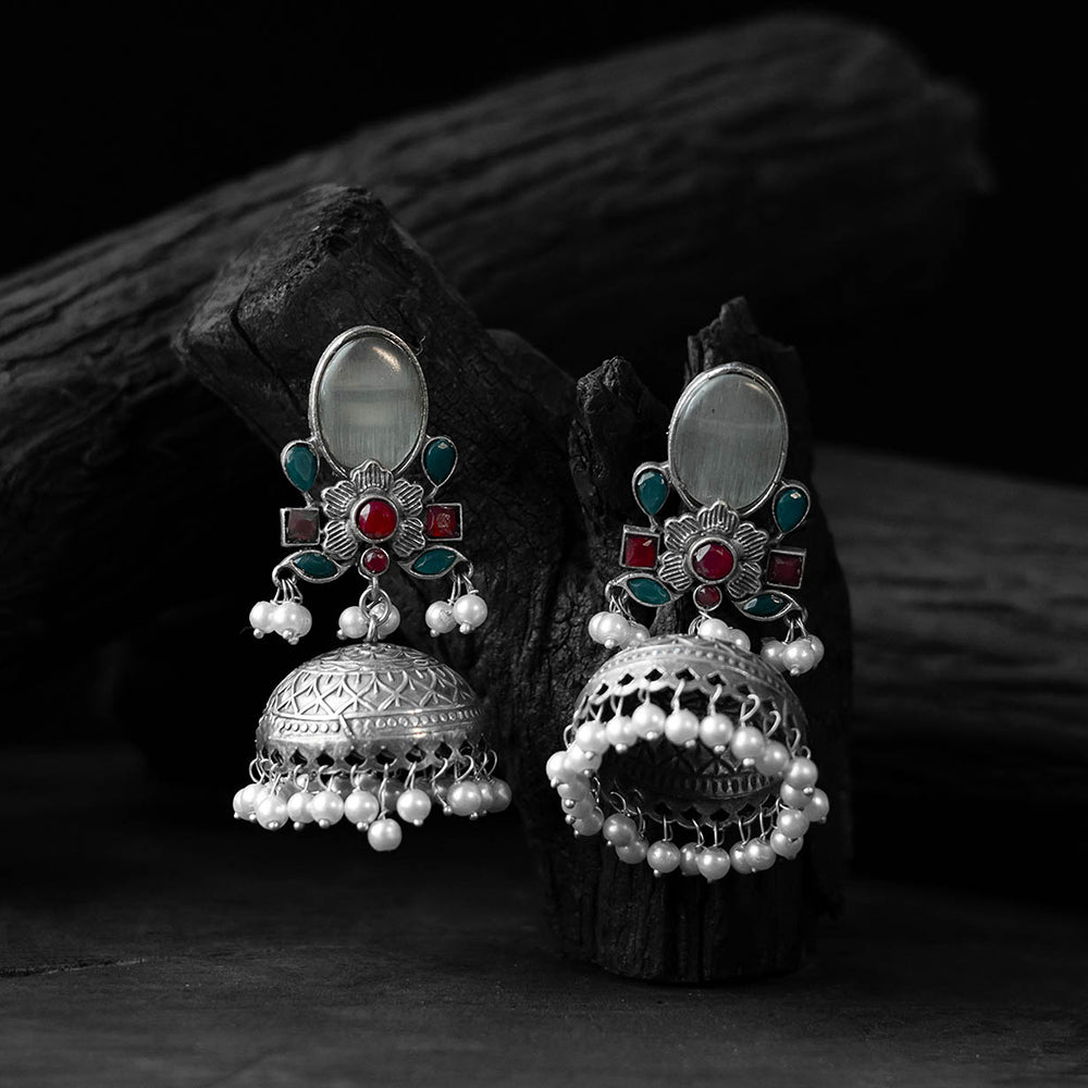 Grey - saanjh bela stone oxidised jhumka earrings