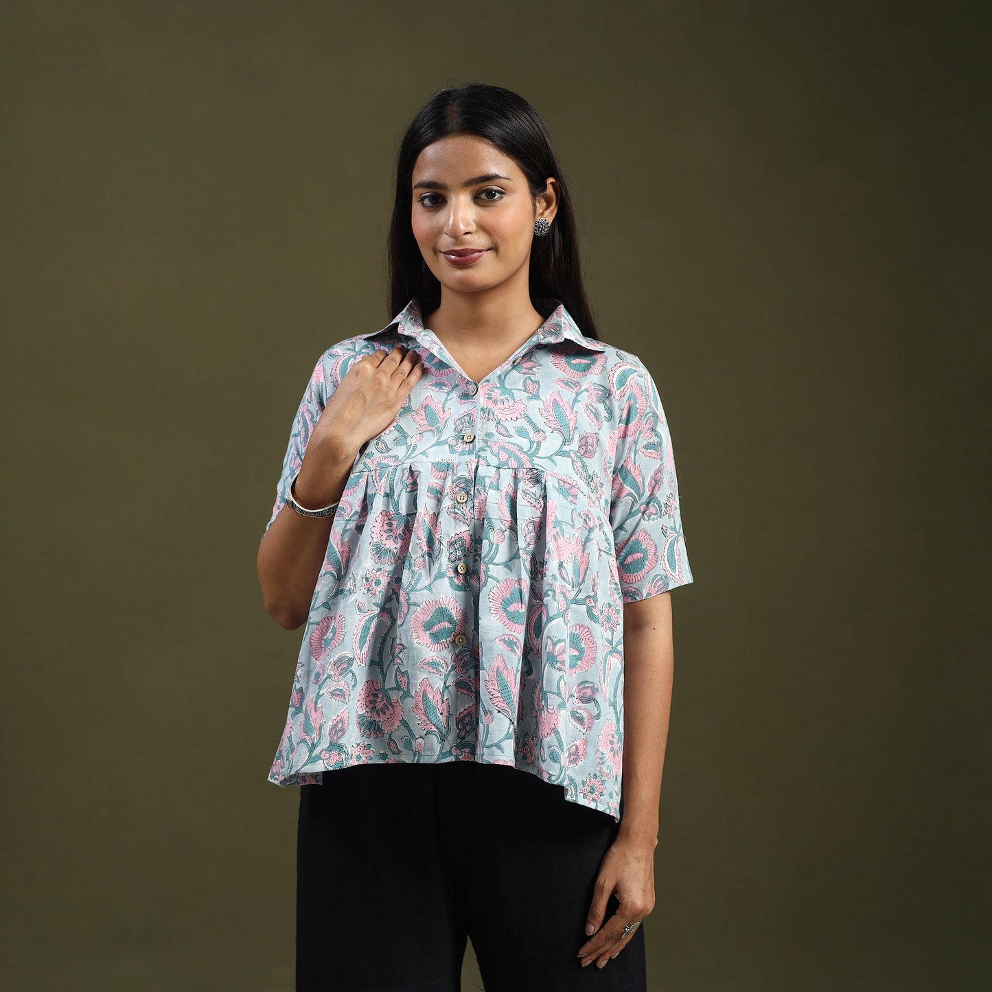 Grey Sanganeri Block Print Cotton Crop Top