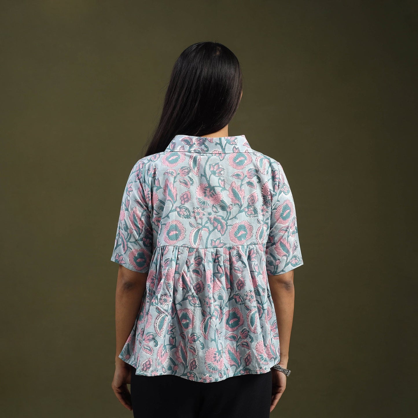 Grey Sanganeri Block Print Cotton Crop Top