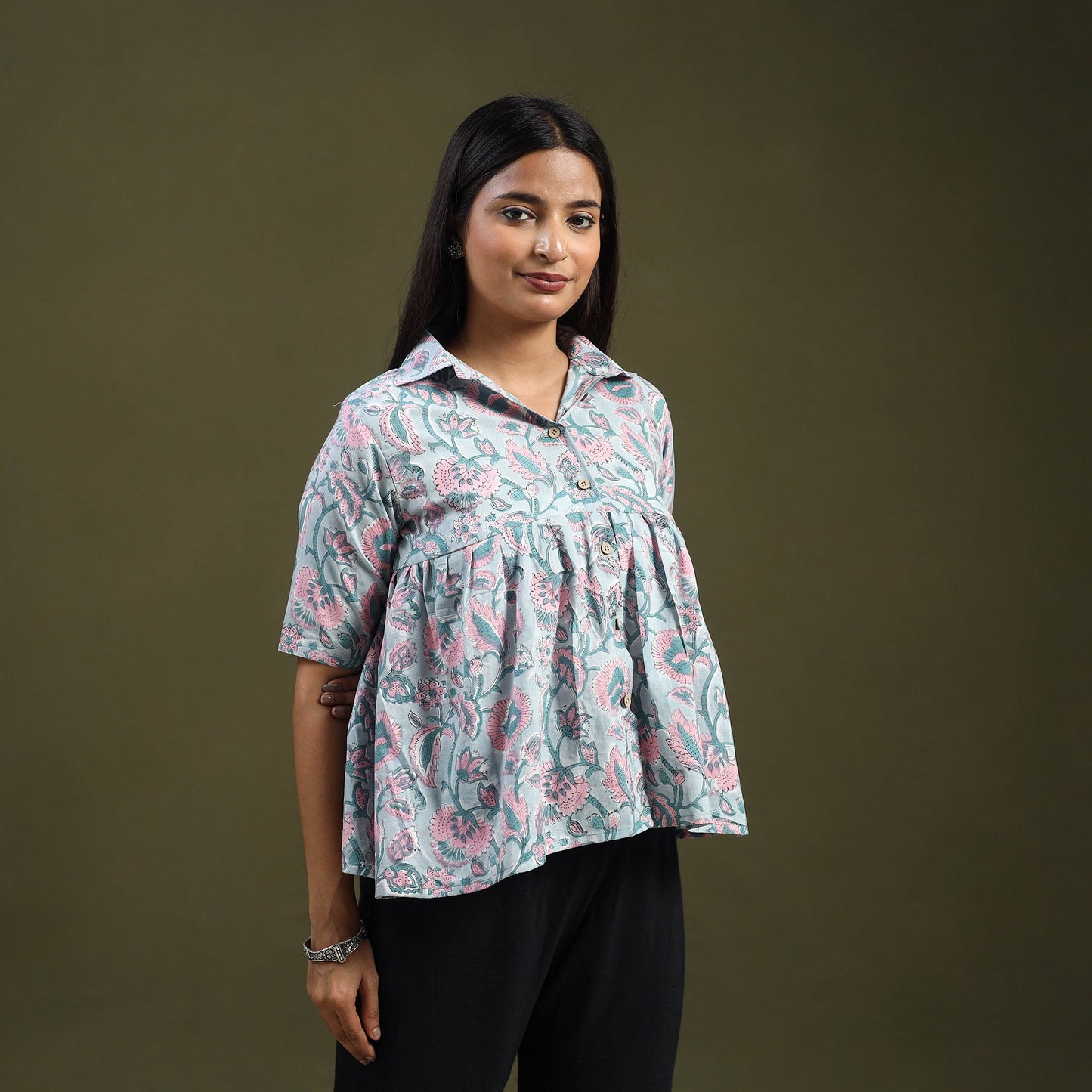 Grey Sanganeri Block Print Cotton Crop Top