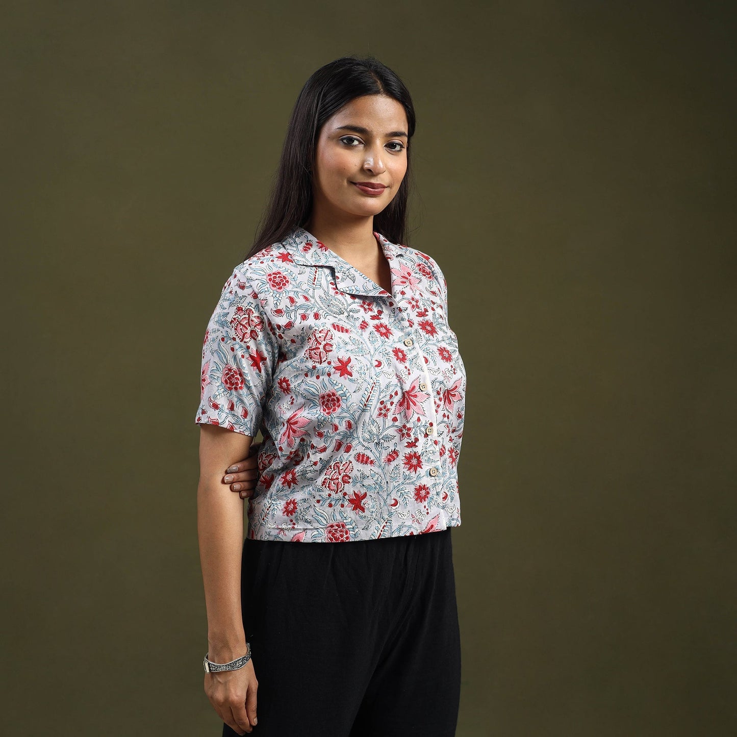 Grey Sanganeri Block Print Cotton Crop Top