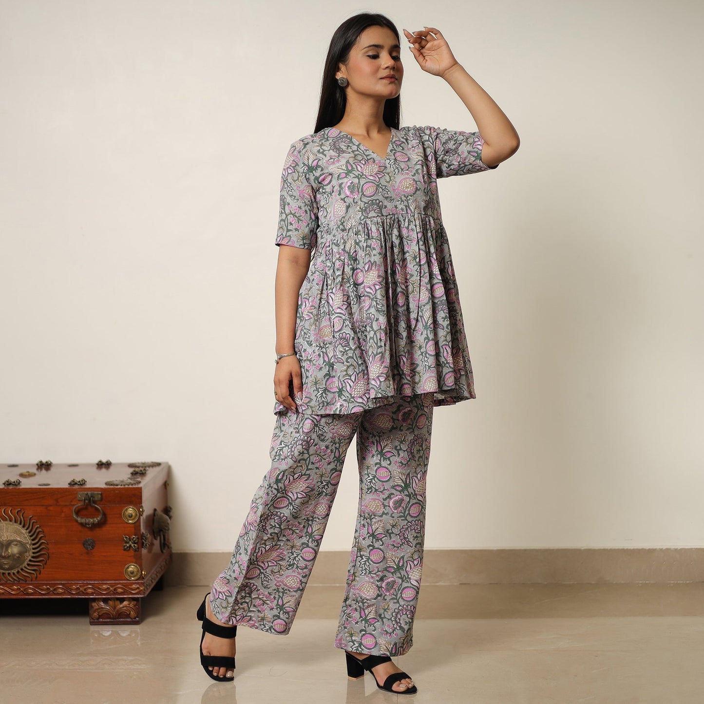 Grey - sanganeri block printed cotton co-ord set 06