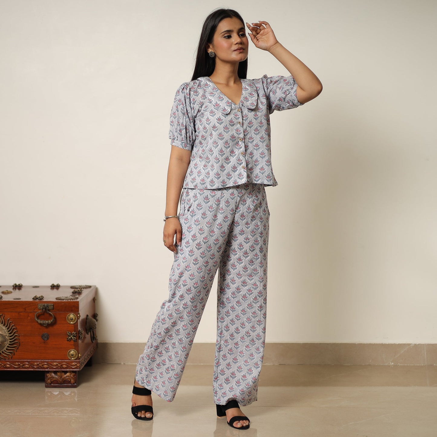 Grey - sanganeri block printed cotton co-ord set 25