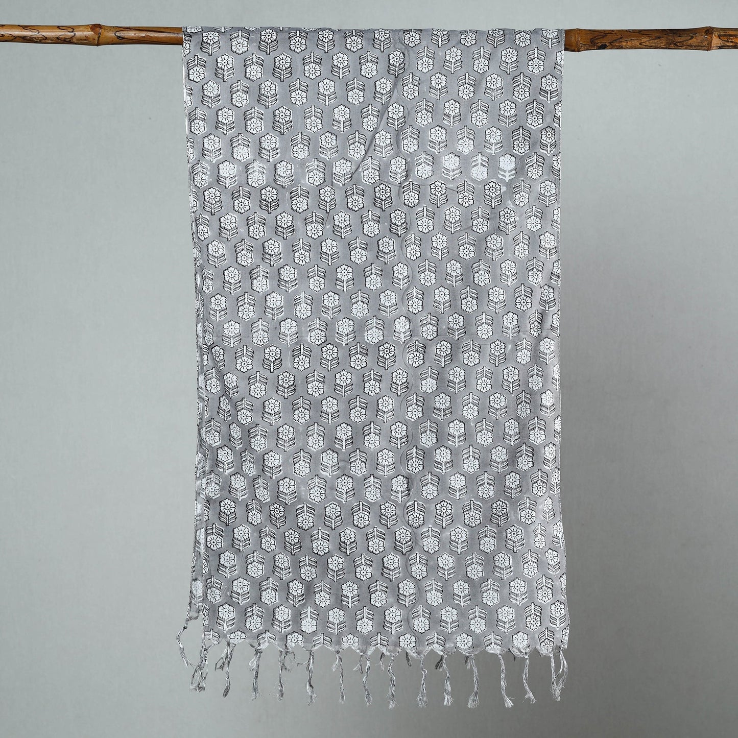 Grey - Sanganeri Block Printed Cotton Stole with Tassels 30