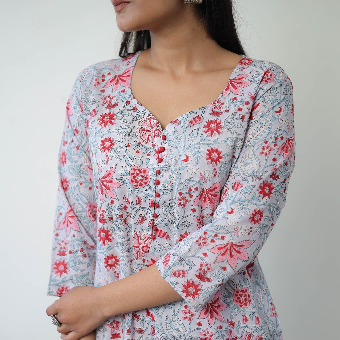 Grey Sanganeri Block Printed Cotton Straight Kurta for Women