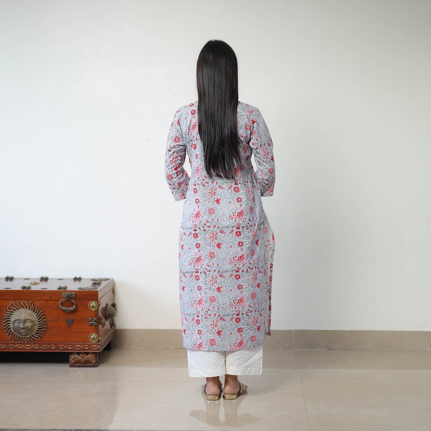 Grey Sanganeri Block Printed Cotton Straight Kurta for Women