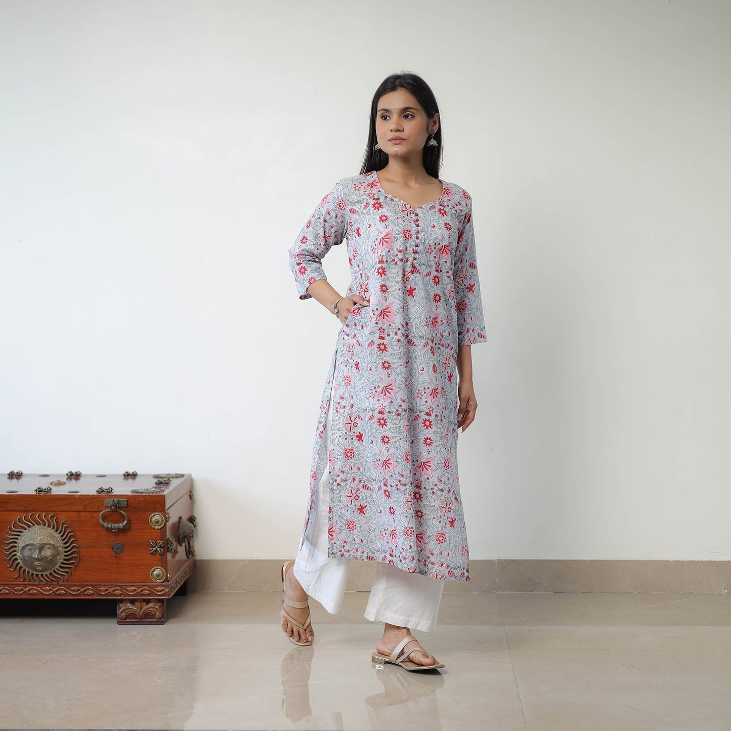 Grey Sanganeri Block Printed Cotton Straight Kurta for Women