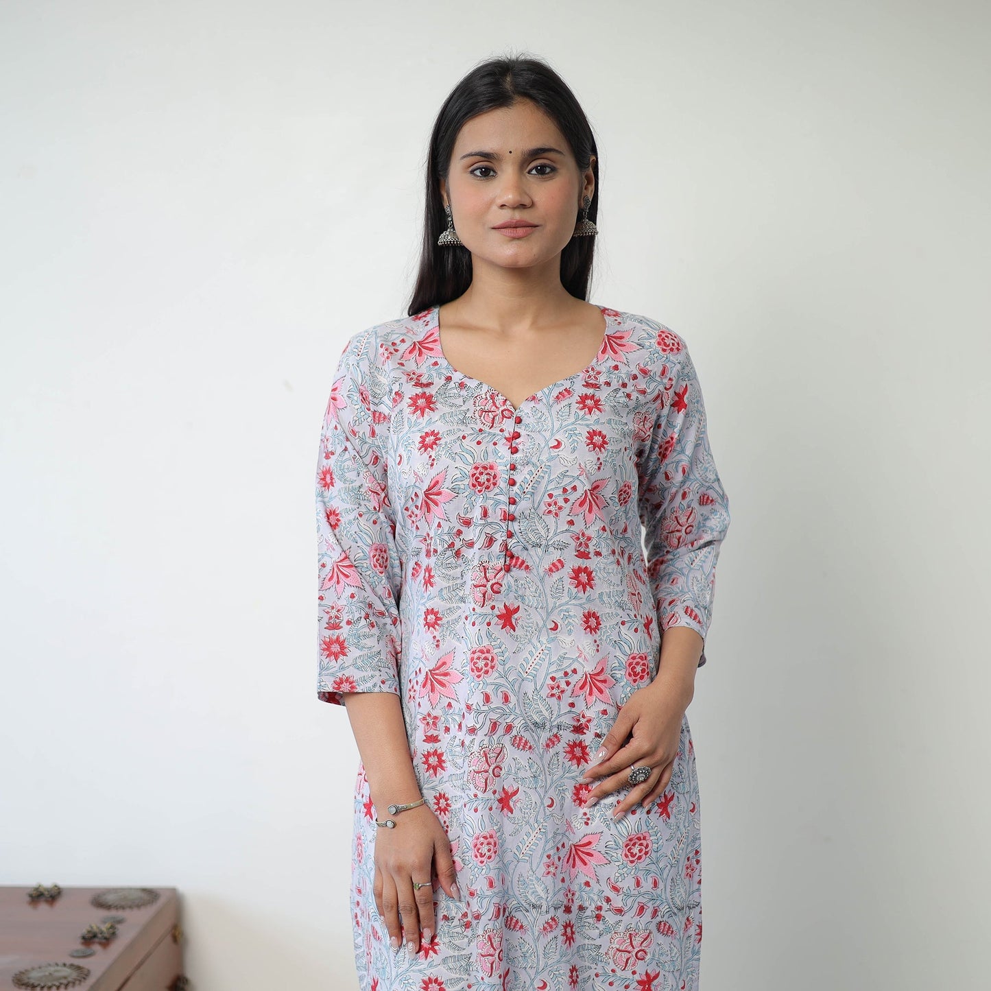 Grey Sanganeri Block Printed Cotton Straight Kurta for Women