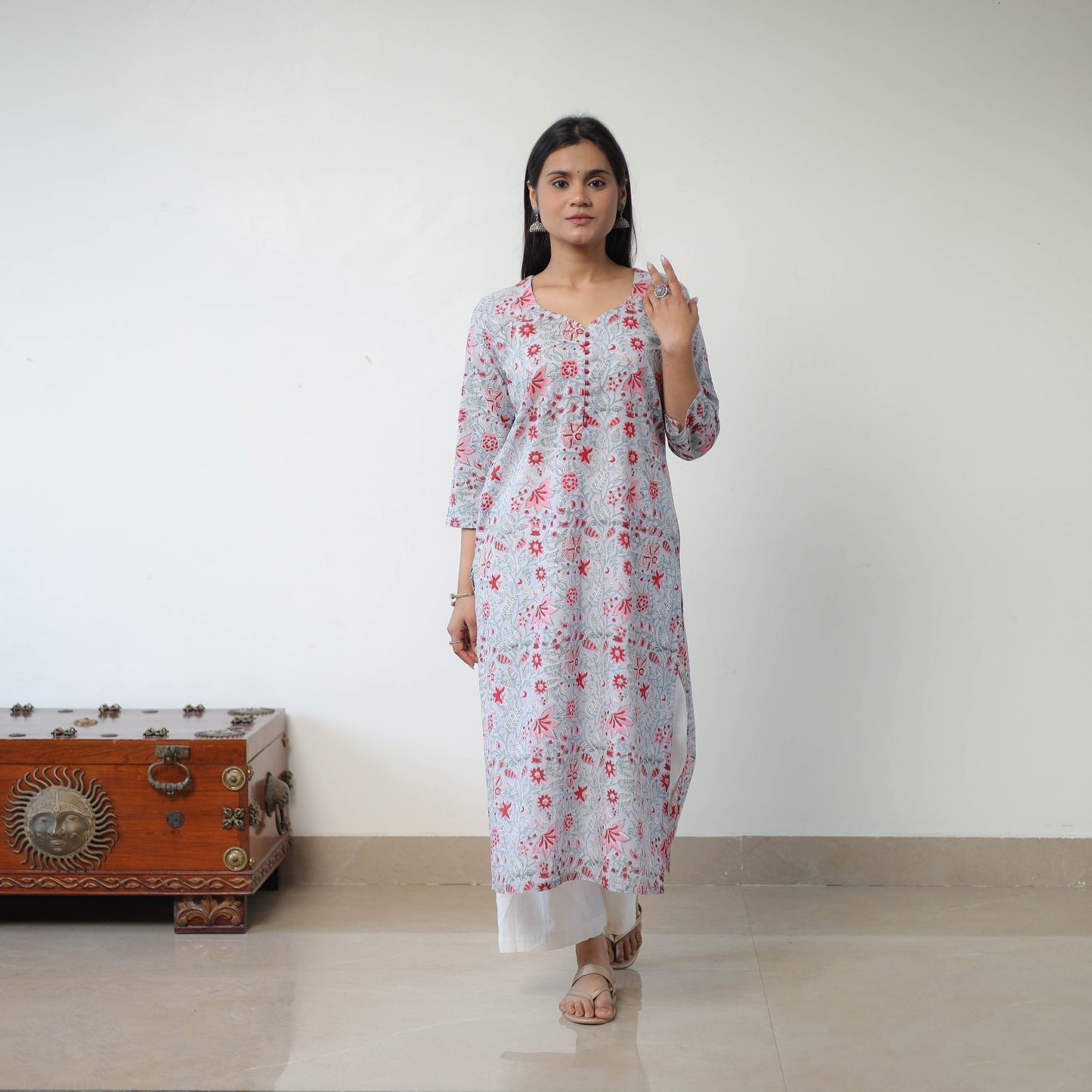 Grey Sanganeri Block Printed Cotton Straight Kurta for Women