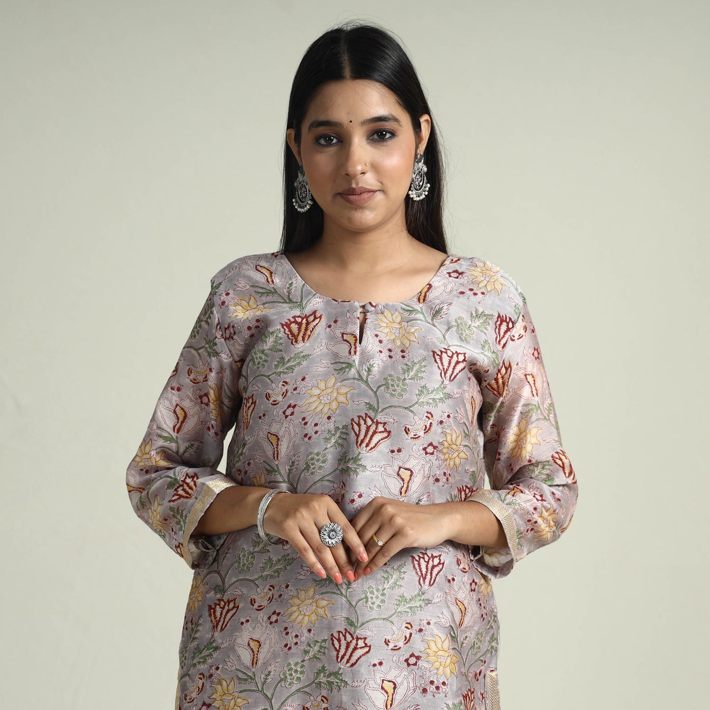 Grey - Sanganeri Block Printed Maheshwari Silk Kurta with Palazzo & Dupatta Set