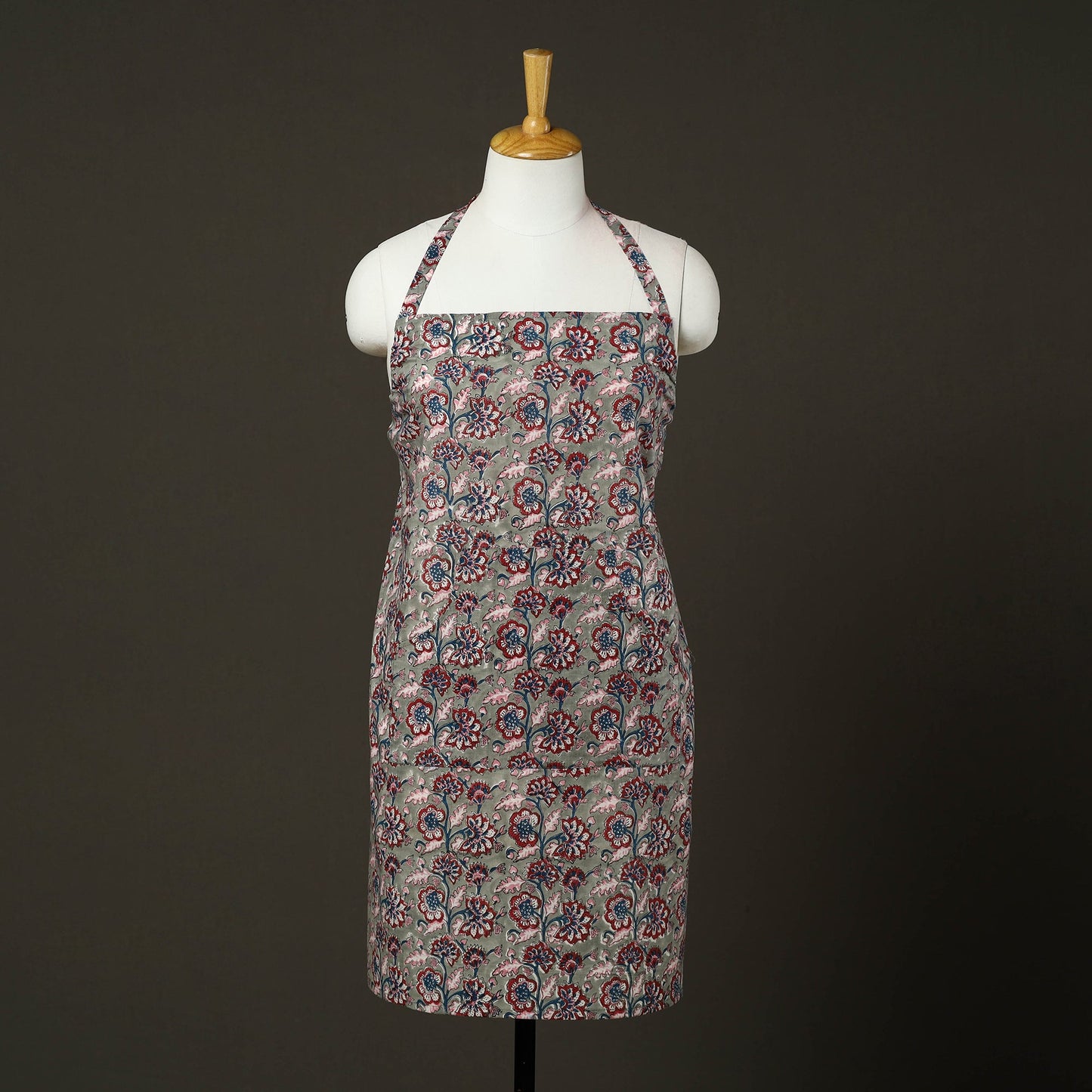Grey Sanganeri Block Print Cotton Apron with Pocket