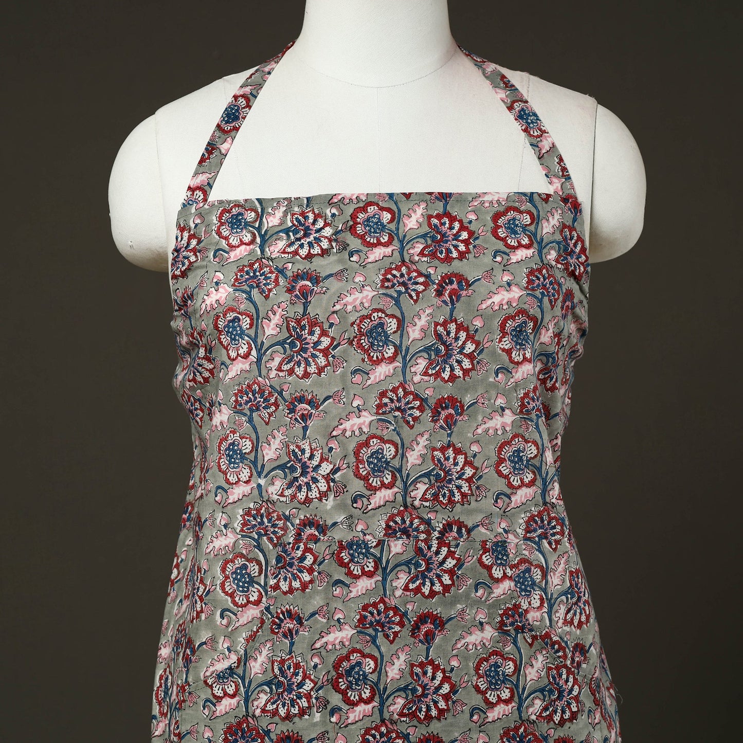 Grey Sanganeri Block Print Cotton Apron with Pocket
