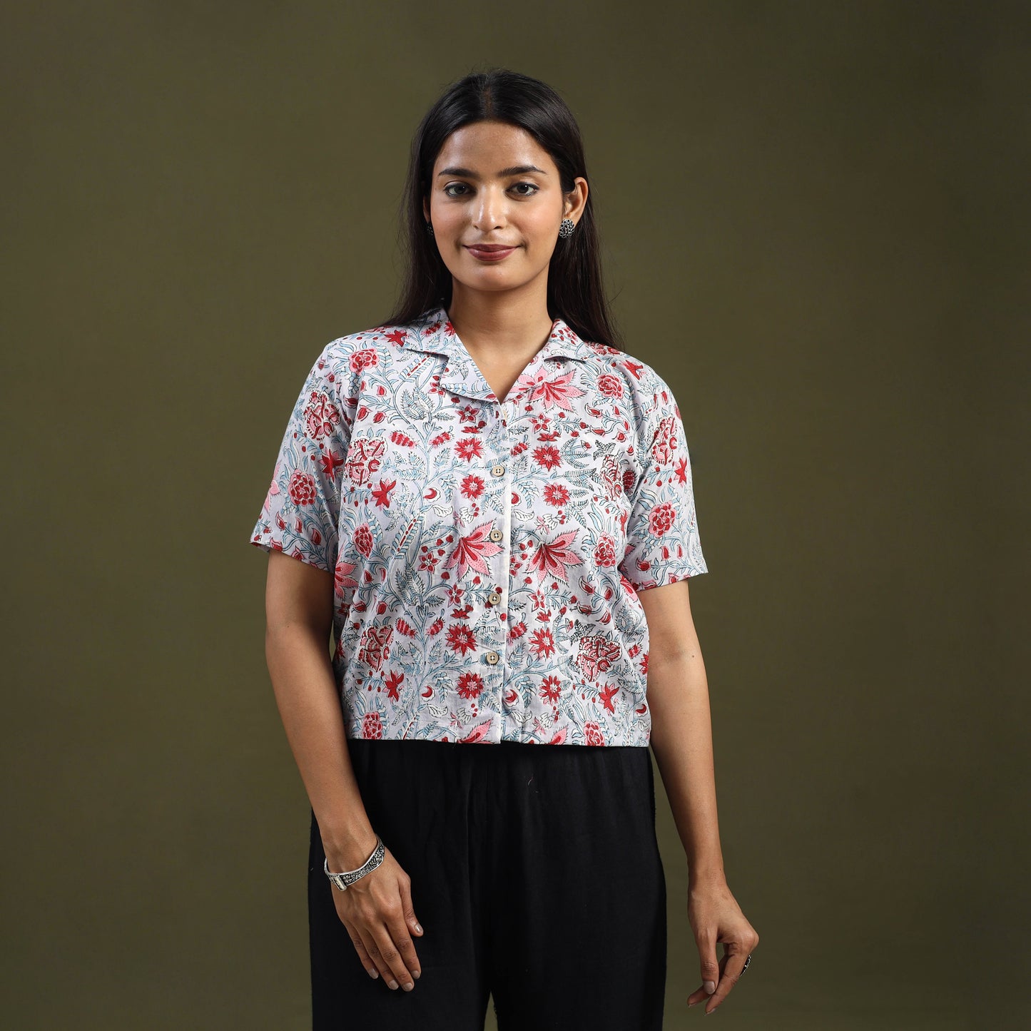 Grey Sanganeri Block Print Cotton Crop Top