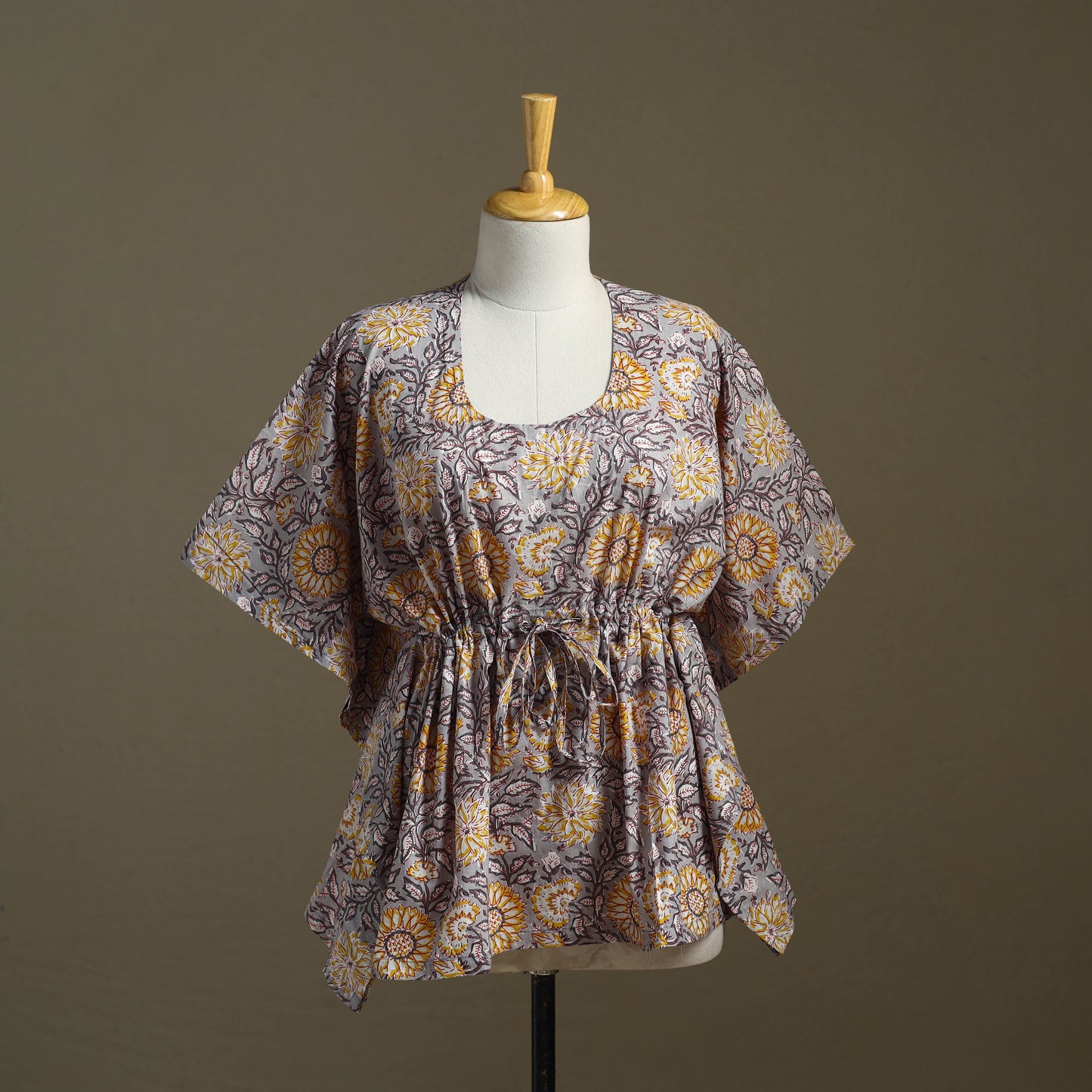 Grey Sanganeri Block Print Cotton Kaftan (Short)