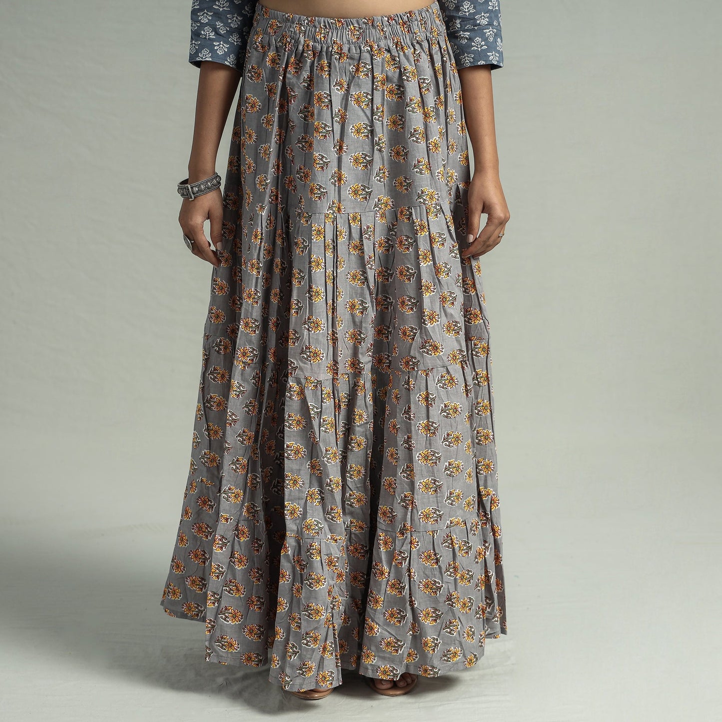 Sanganeri Block Printed Tiered Cotton Long Skirt Online at iTokri.com