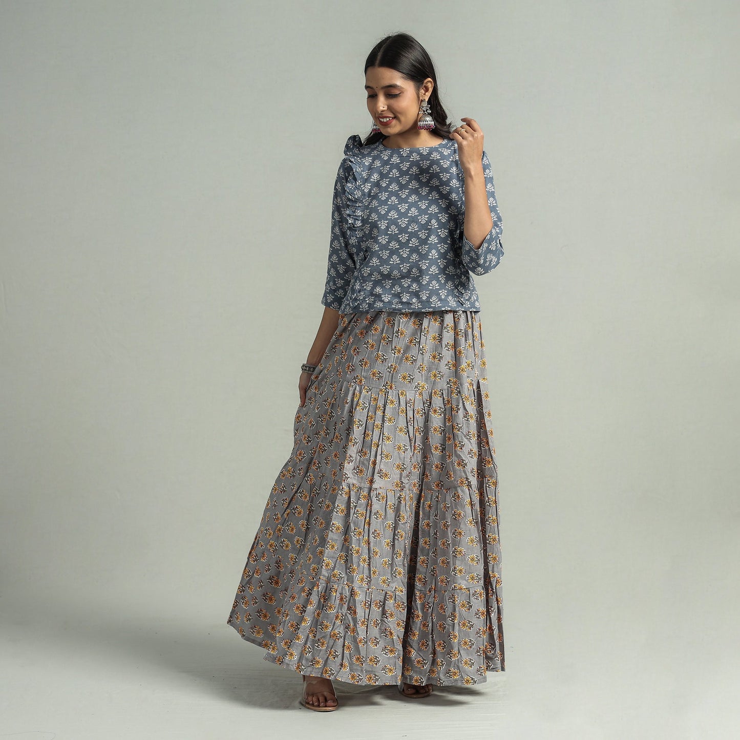 Sanganeri Block Printed Tiered Cotton Long Skirt Online at iTokri.com
