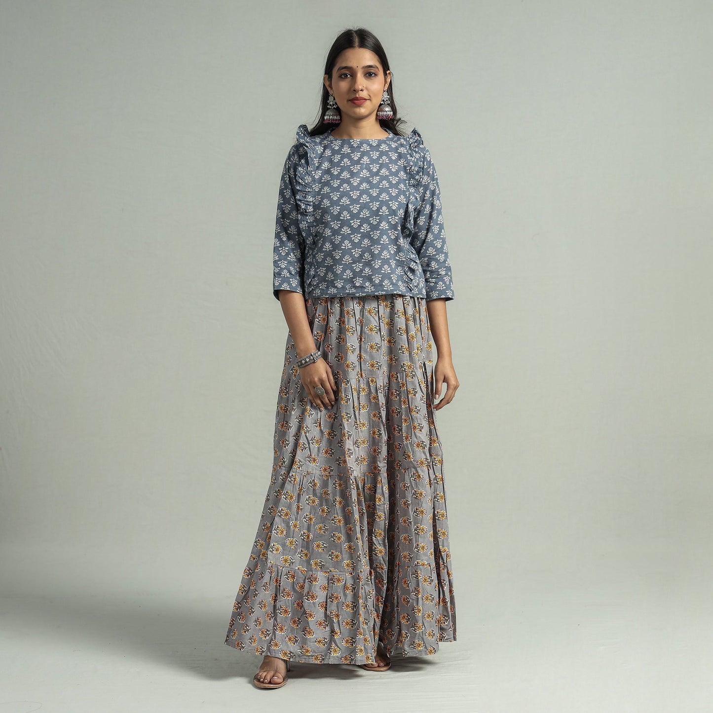 Sanganeri Block Printed Tiered Cotton Long Skirt Online at iTokri.com