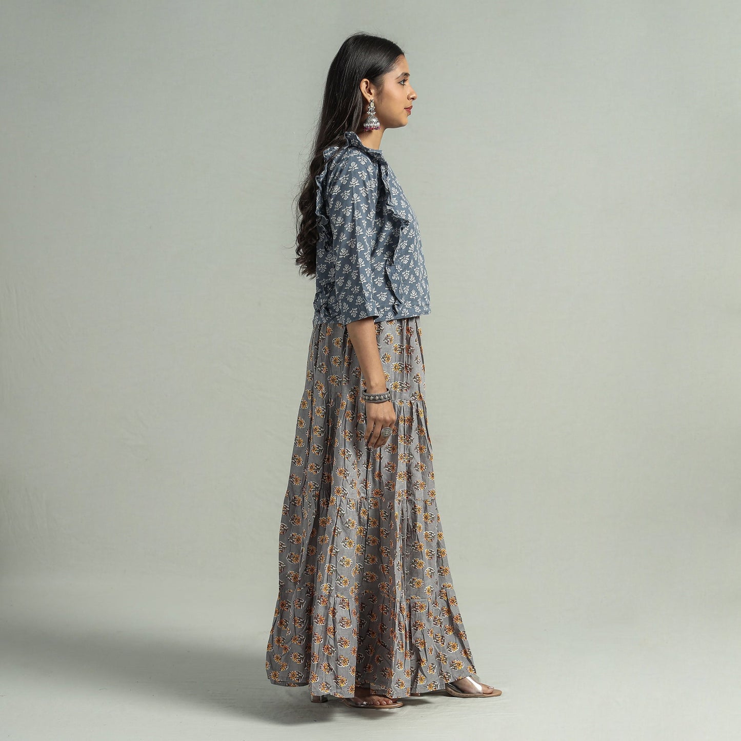 Sanganeri Block Printed Tiered Cotton Long Skirt Online at iTokri.com