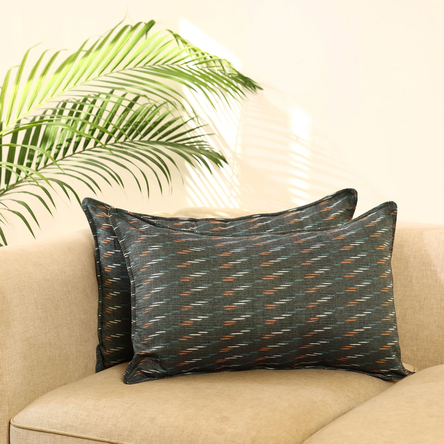 Set of 2 Grey Pochampally Ikat Cotton Pillow Covers