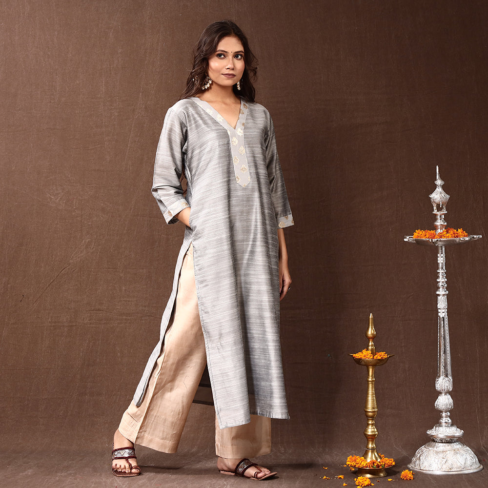 Buy Gray Silk Plain Long Kurta Online l iTokri.com